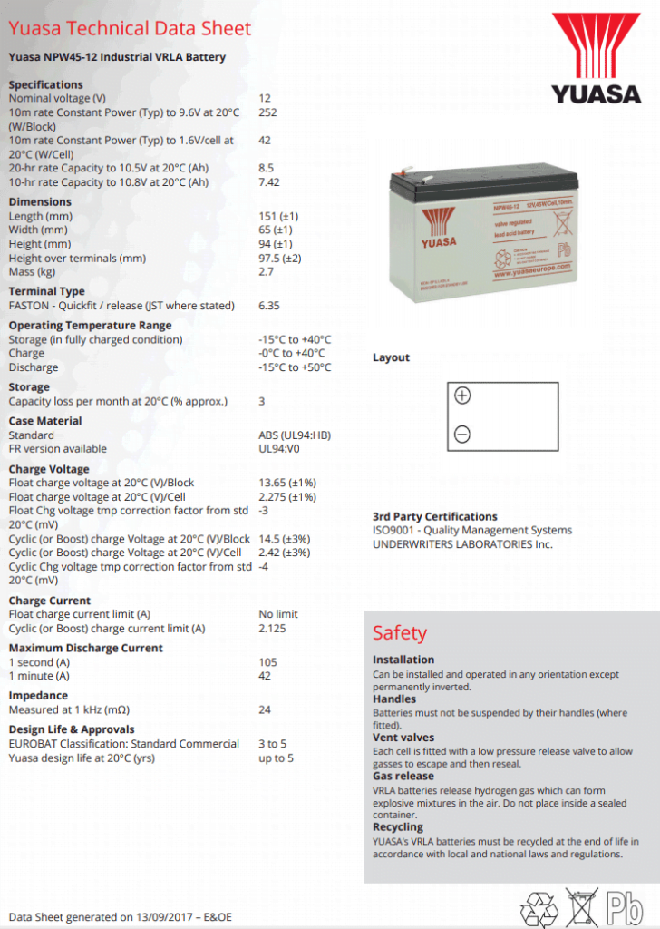 Yuasa 12V 8,5Ah VRLA lyijyakku esim. UPSkäyttöön, F2 / 6,35 mm