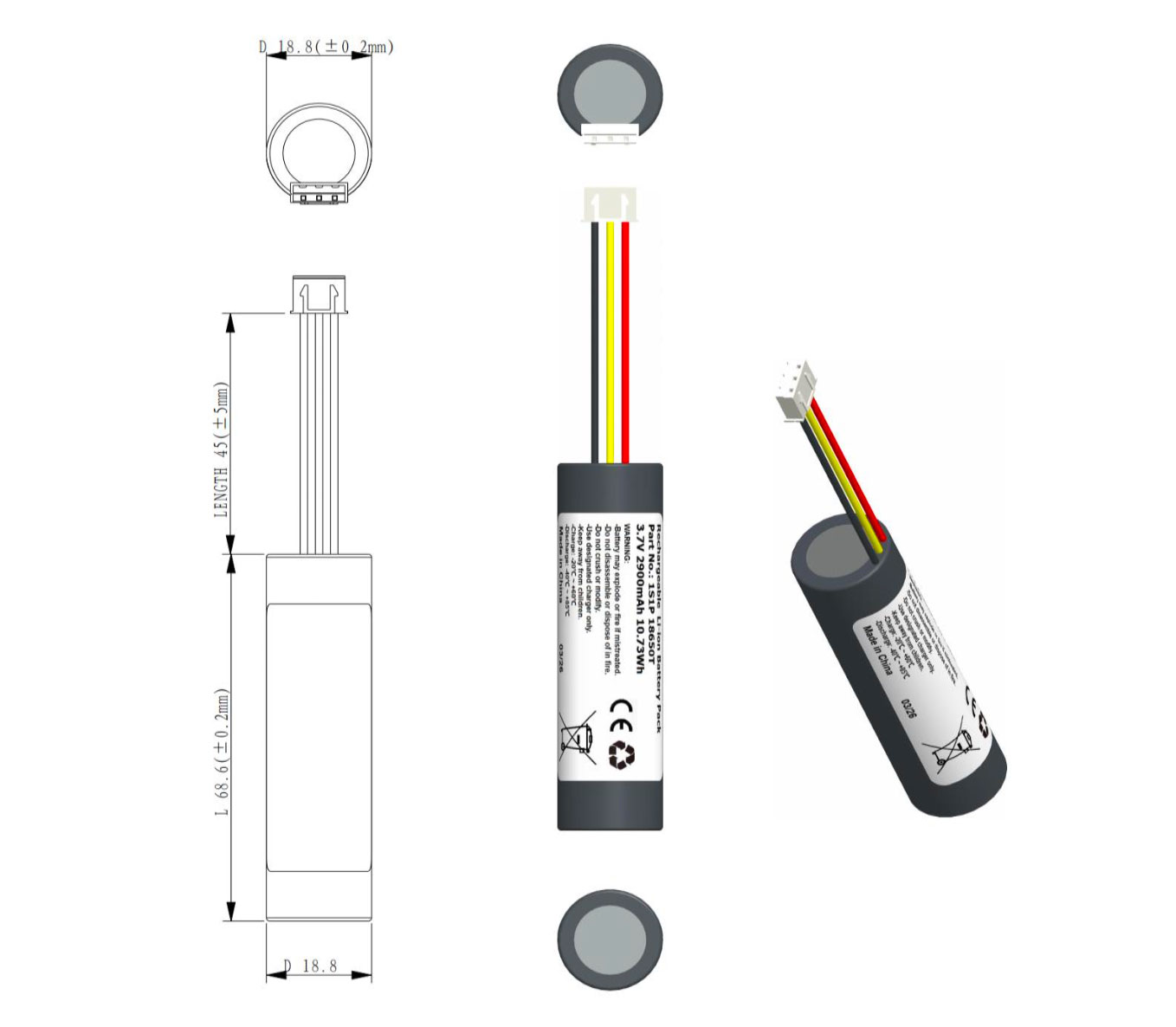 18650 li-ion akku 2900mAh 3,6V - laaja lämpötila-alue - XHP-3 liitin